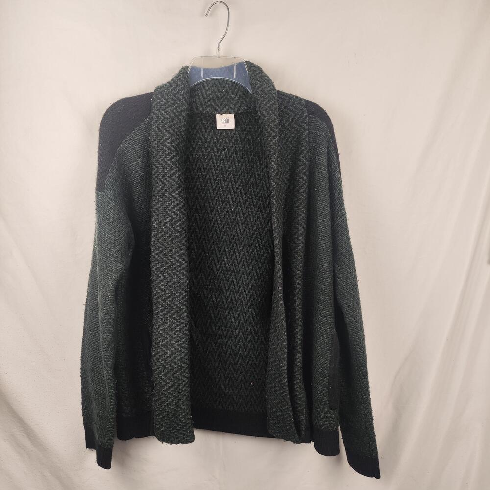 Cabi Sweater Cardigan Womens Large Green Herringbone Open Front Knit Pockets